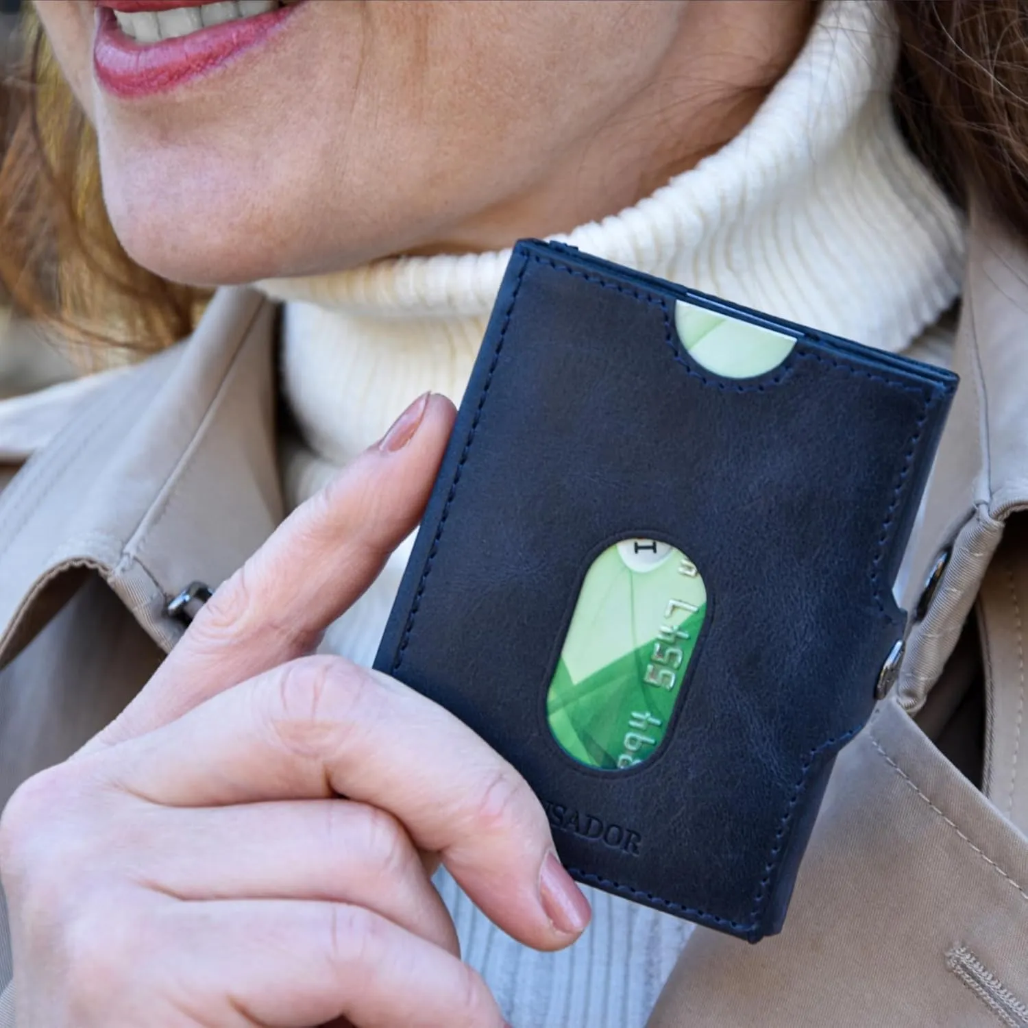 TRUSADOR Valencia Unisex Leather Wallet Small Compact Front Pocket RFID With Coin Pocket Wallets (With Coin Pocket, Navy)
