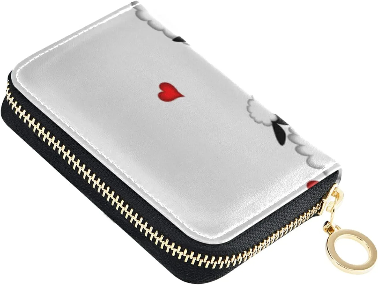 Two sheep Little Lambs Hanging on Washing Line with Red HeartsGrey Credit Card Coin wallet, RFID Blocking Compact Women Leather Card Holder, Key Change Organizer, Zipper Purse Clutch Pouch