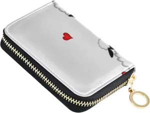 Two sheep Little Lambs Hanging on Washing Line with Red HeartsGrey Credit Card Coin wallet, RFID Blocking Compact Women Leather Card Holder, Key Change Organizer, Zipper Purse Clutch Pouch
