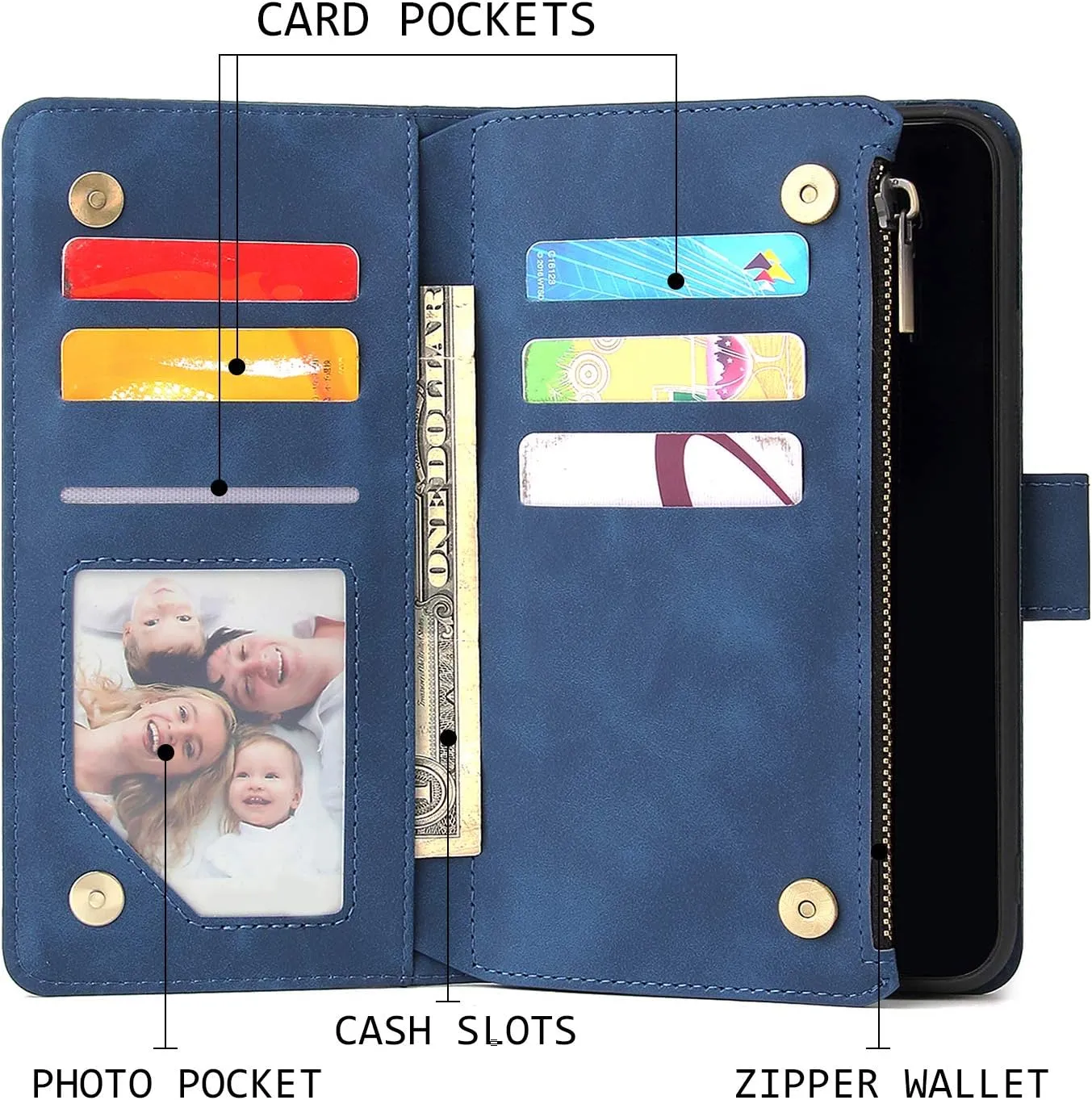 UEEBAI Wallet Case for iPhone 13 Pro, PU Leather Case Magnetic Closure Handbag Zipper Pocket Case Kickstand Card Slots with Hand Strap Marple Flip Case for Women - Blue