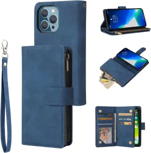 UEEBAI Wallet Case for iPhone 13 Pro, PU Leather Case Magnetic Closure Handbag Zipper Pocket Case Kickstand Card Slots with Hand Strap Marple Flip Case for Women - Blue
