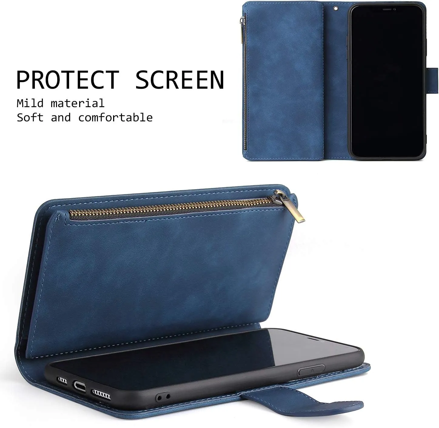 UEEBAI Wallet Case for iPhone 13 Pro, PU Leather Case Magnetic Closure Handbag Zipper Pocket Case Kickstand Card Slots with Hand Strap Marple Flip Case for Women - Blue