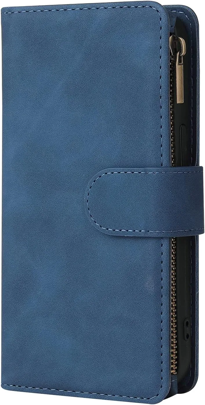 UEEBAI Wallet Case for iPhone 13 Pro, PU Leather Case Magnetic Closure Handbag Zipper Pocket Case Kickstand Card Slots with Hand Strap Marple Flip Case for Women - Blue