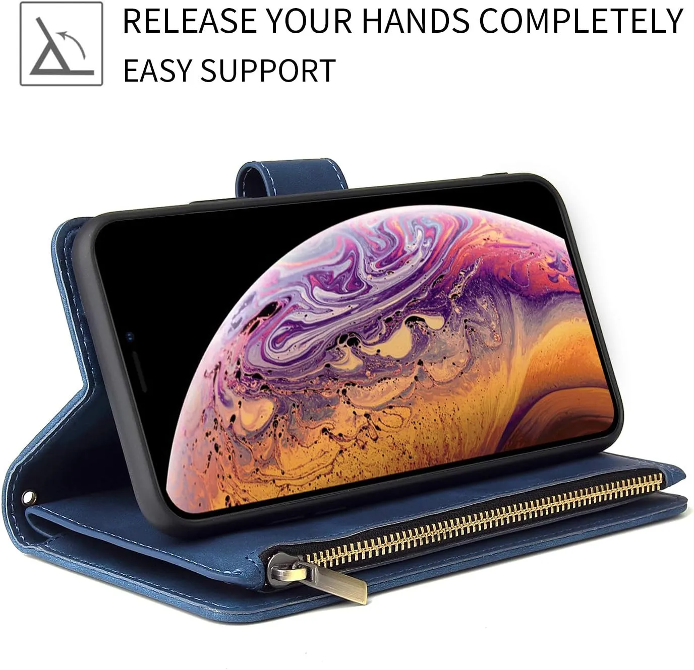 UEEBAI Wallet Case for iPhone 13 Pro, PU Leather Case Magnetic Closure Handbag Zipper Pocket Case Kickstand Card Slots with Hand Strap Marple Flip Case for Women - Blue