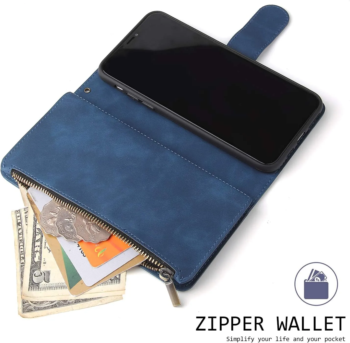 UEEBAI Wallet Case for iPhone 13 Pro, PU Leather Case Magnetic Closure Handbag Zipper Pocket Case Kickstand Card Slots with Hand Strap Marple Flip Case for Women - Blue