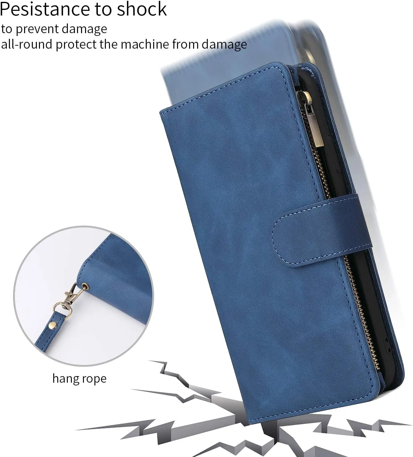 UEEBAI Wallet Case for iPhone 13 Pro, PU Leather Case Magnetic Closure Handbag Zipper Pocket Case Kickstand Card Slots with Hand Strap Marple Flip Case for Women - Blue