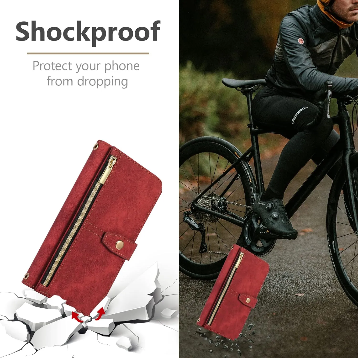 UEEBAI Wallet Case for iPhone 16e, 9 Card Slots Retro Leather Wallet Flip Cover for Women with Hand Strap Card Slots Zipper Pocket Kickstand Handbag Magnetic Closure Flip Case for SE4 - Red Wine