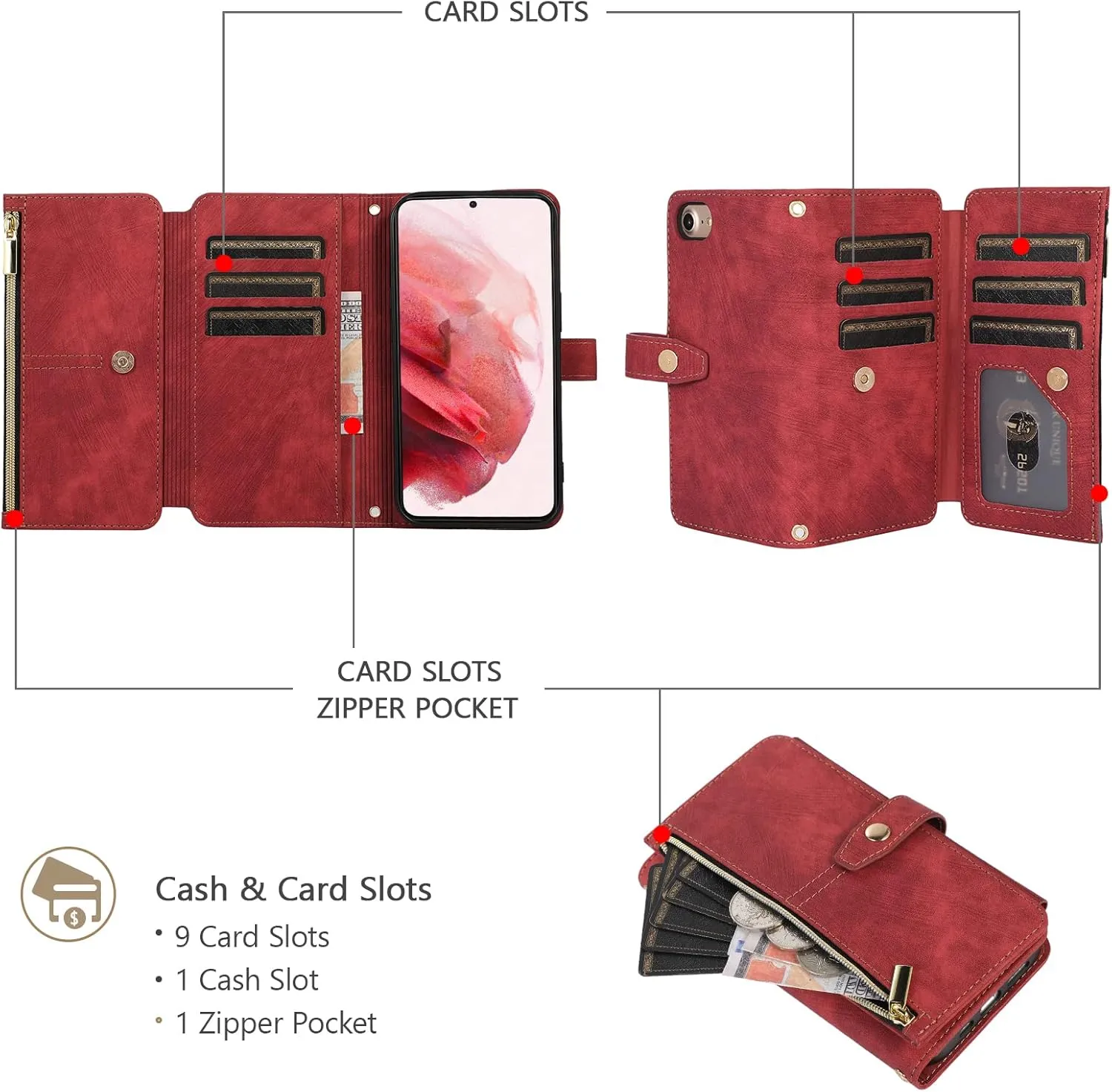 UEEBAI Wallet Case for iPhone 16e, 9 Card Slots Retro Leather Wallet Flip Cover for Women with Hand Strap Card Slots Zipper Pocket Kickstand Handbag Magnetic Closure Flip Case for SE4 - Red Wine