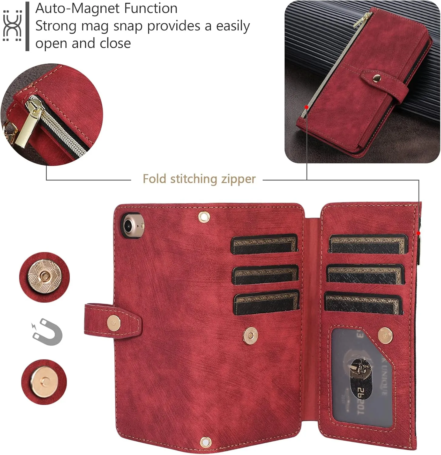 UEEBAI Wallet Case for iPhone 16e, 9 Card Slots Retro Leather Wallet Flip Cover for Women with Hand Strap Card Slots Zipper Pocket Kickstand Handbag Magnetic Closure Flip Case for SE4 - Red Wine
