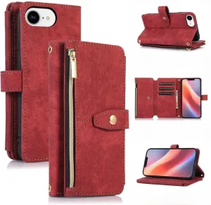 UEEBAI Wallet Case for iPhone 16e, 9 Card Slots Retro Leather Wallet Flip Cover for Women with Hand Strap Card Slots Zipper Pocket Kickstand Handbag Magnetic Closure Flip Case for SE4 - Red Wine