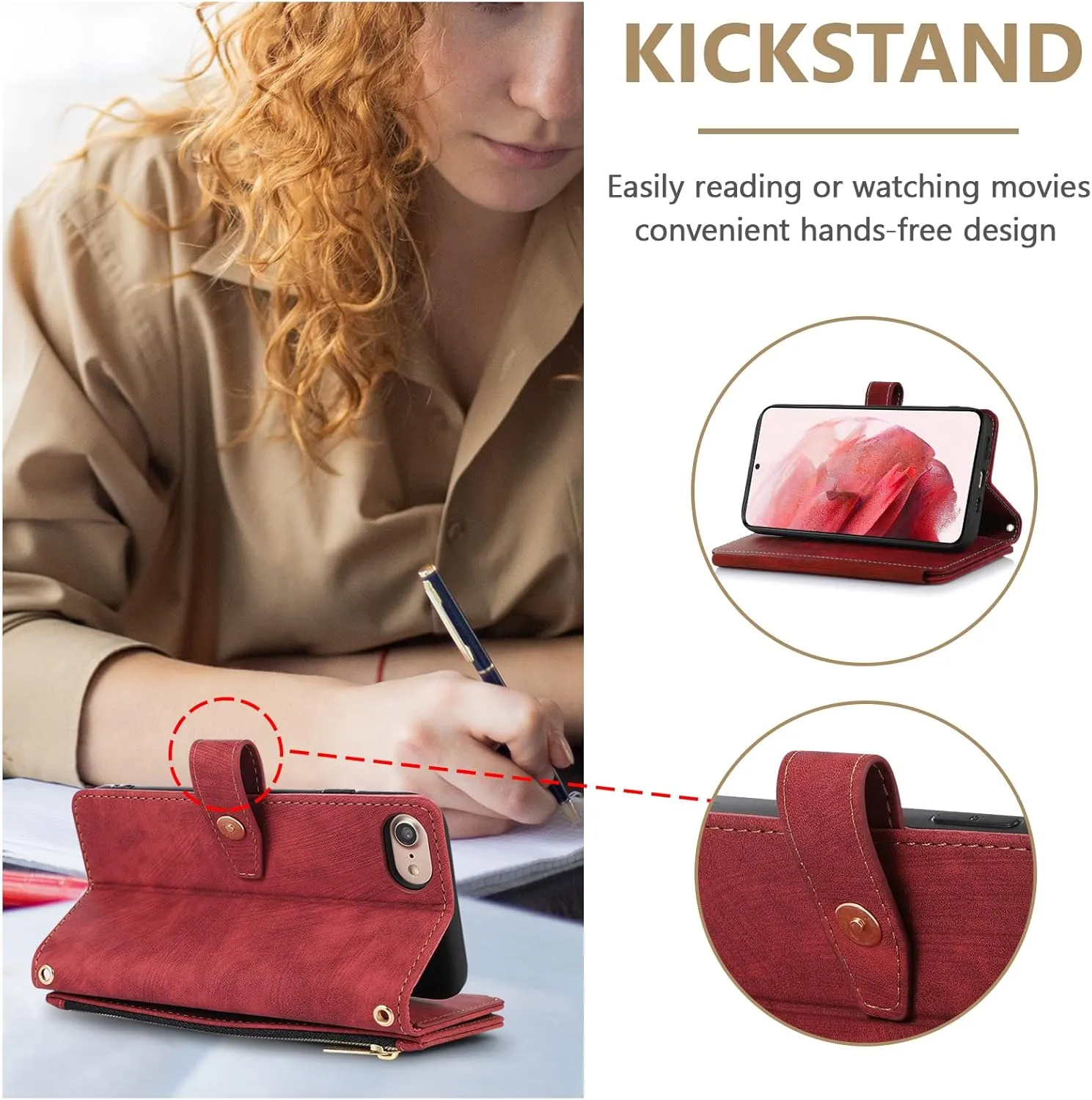 UEEBAI Wallet Case for iPhone 16e, 9 Card Slots Retro Leather Wallet Flip Cover for Women with Hand Strap Card Slots Zipper Pocket Kickstand Handbag Magnetic Closure Flip Case for SE4 - Red Wine