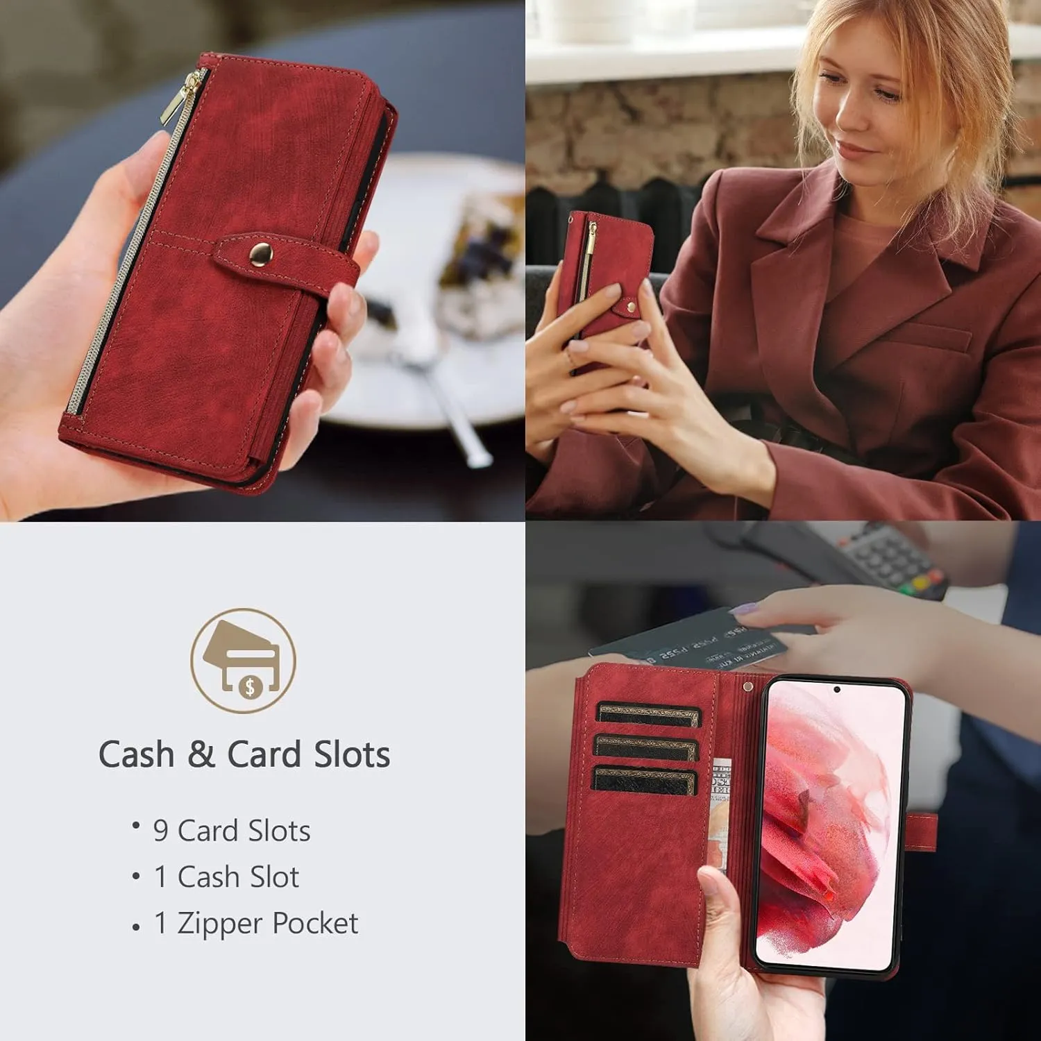 UEEBAI Wallet Case for iPhone 16e, 9 Card Slots Retro Leather Wallet Flip Cover for Women with Hand Strap Card Slots Zipper Pocket Kickstand Handbag Magnetic Closure Flip Case for SE4 - Red Wine