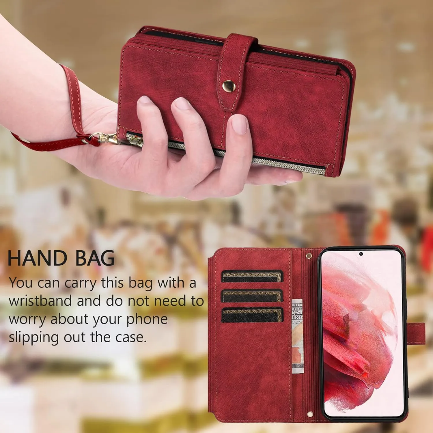 UEEBAI Wallet Case for iPhone 16e, 9 Card Slots Retro Leather Wallet Flip Cover for Women with Hand Strap Card Slots Zipper Pocket Kickstand Handbag Magnetic Closure Flip Case for SE4 - Red Wine