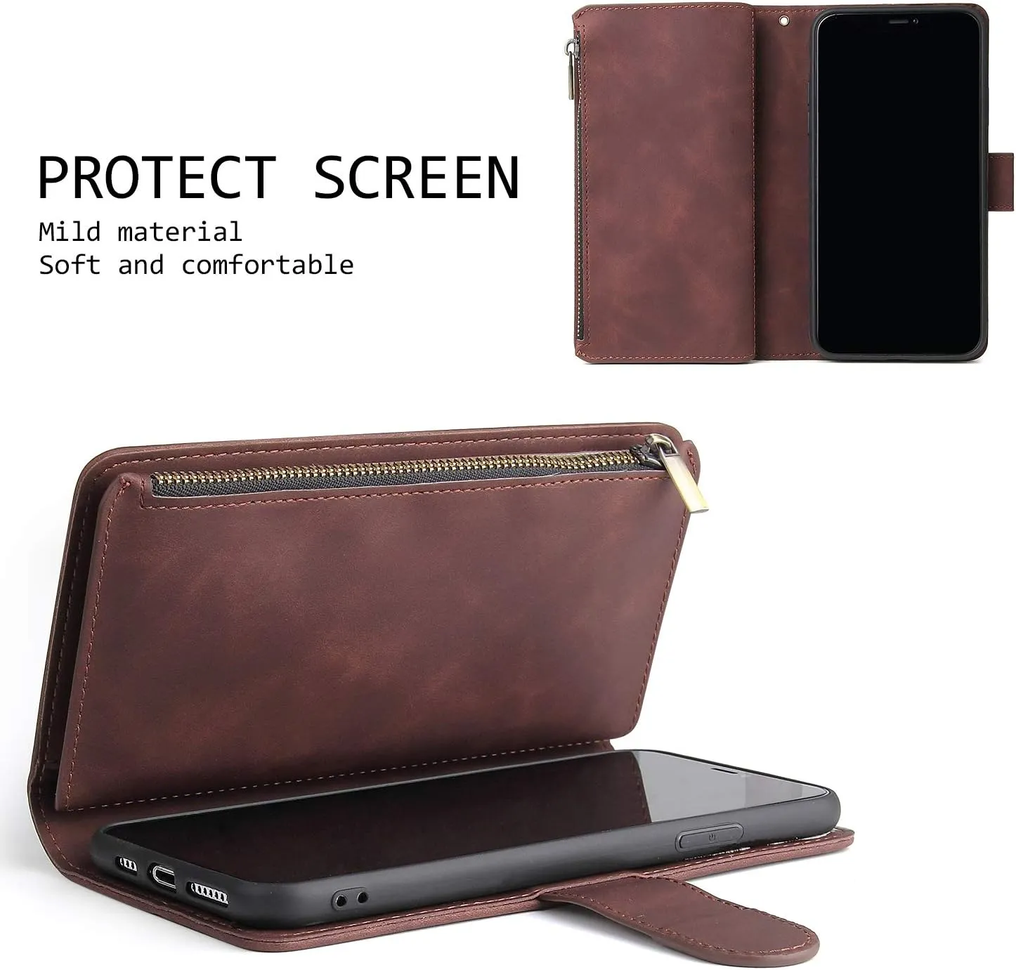 UEEBAI Wallet Case for Samsung Galaxy S10 Plus, PU Leather Wallet Magnetic Closure Handbag Zipper Pocket Cover Kickstand Card Slots with Hand Strap Marple Flip Case for Women - Coffee