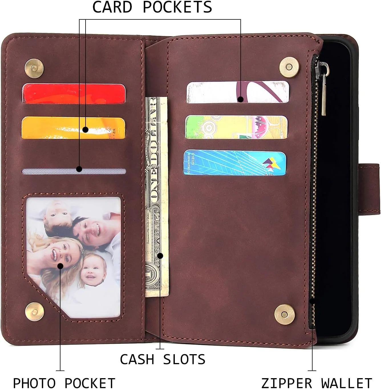 UEEBAI Wallet Case for Samsung Galaxy S10 Plus, PU Leather Wallet Magnetic Closure Handbag Zipper Pocket Cover Kickstand Card Slots with Hand Strap Marple Flip Case for Women - Coffee