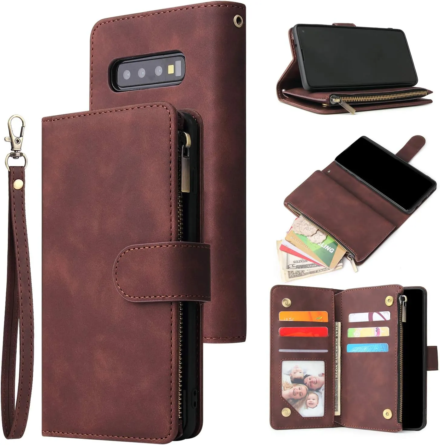 UEEBAI Wallet Case for Samsung Galaxy S10 Plus, PU Leather Wallet Magnetic Closure Handbag Zipper Pocket Cover Kickstand Card Slots with Hand Strap Marple Flip Case for Women - Coffee