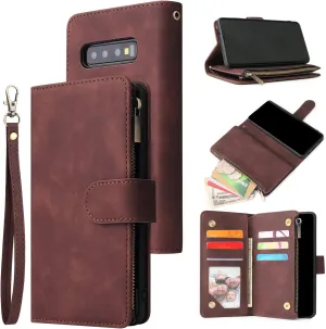 UEEBAI Wallet Case for Samsung Galaxy S10 Plus, PU Leather Wallet Magnetic Closure Handbag Zipper Pocket Cover Kickstand Card Slots with Hand Strap Marple Flip Case for Women - Coffee