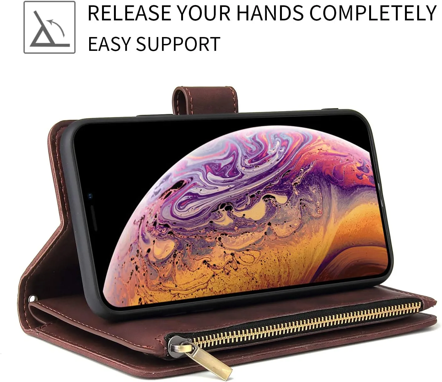 UEEBAI Wallet Case for Samsung Galaxy S10 Plus, PU Leather Wallet Magnetic Closure Handbag Zipper Pocket Cover Kickstand Card Slots with Hand Strap Marple Flip Case for Women - Coffee