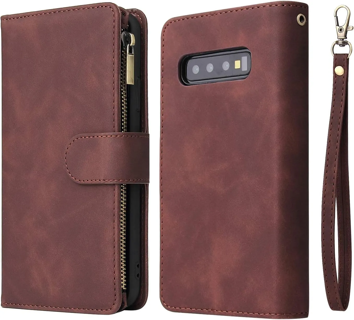 UEEBAI Wallet Case for Samsung Galaxy S10 Plus, PU Leather Wallet Magnetic Closure Handbag Zipper Pocket Cover Kickstand Card Slots with Hand Strap Marple Flip Case for Women - Coffee