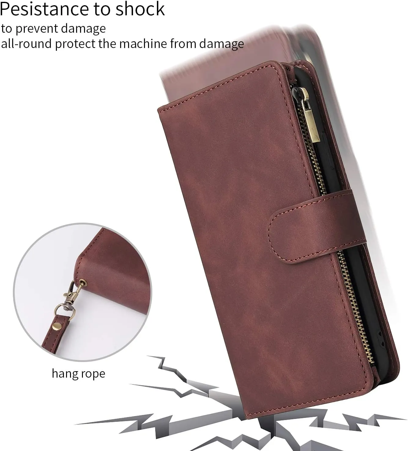 UEEBAI Wallet Case for Samsung Galaxy S10 Plus, PU Leather Wallet Magnetic Closure Handbag Zipper Pocket Cover Kickstand Card Slots with Hand Strap Marple Flip Case for Women - Coffee