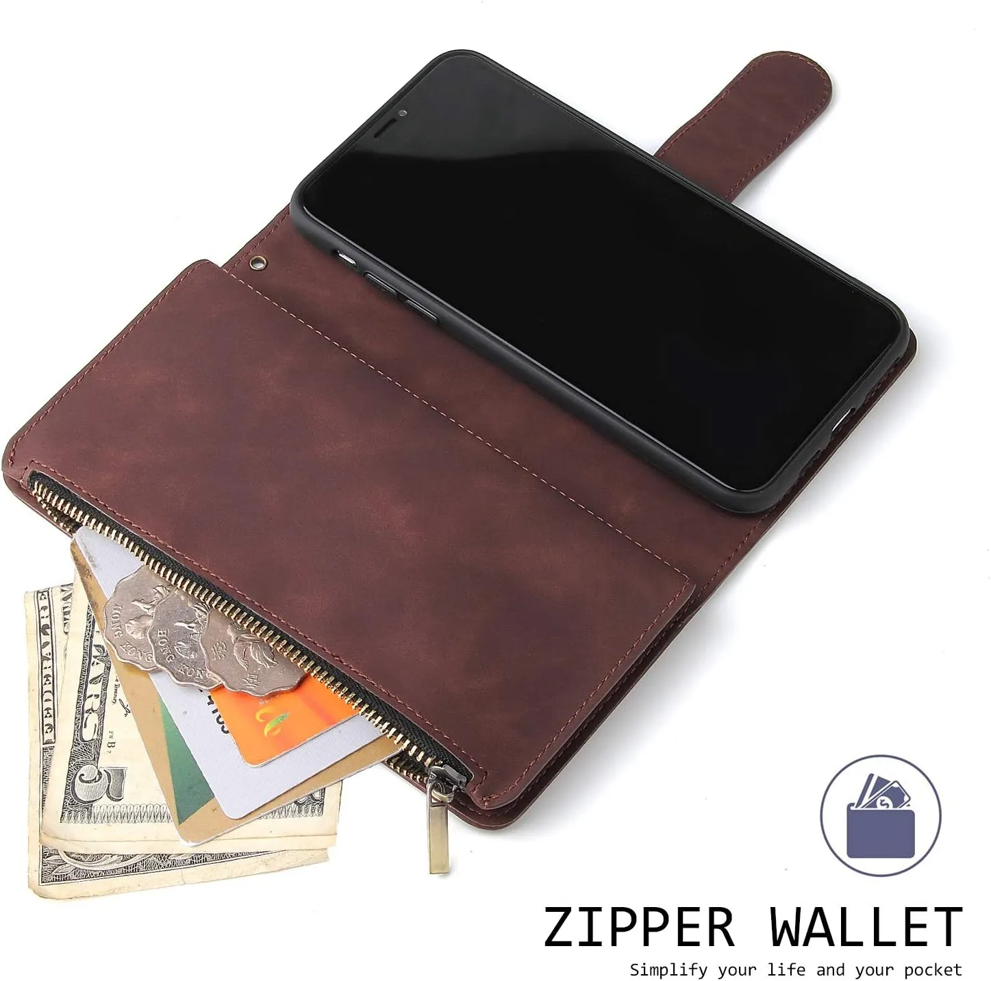 UEEBAI Wallet Case for Samsung Galaxy S10 Plus, PU Leather Wallet Magnetic Closure Handbag Zipper Pocket Cover Kickstand Card Slots with Hand Strap Marple Flip Case for Women - Coffee
