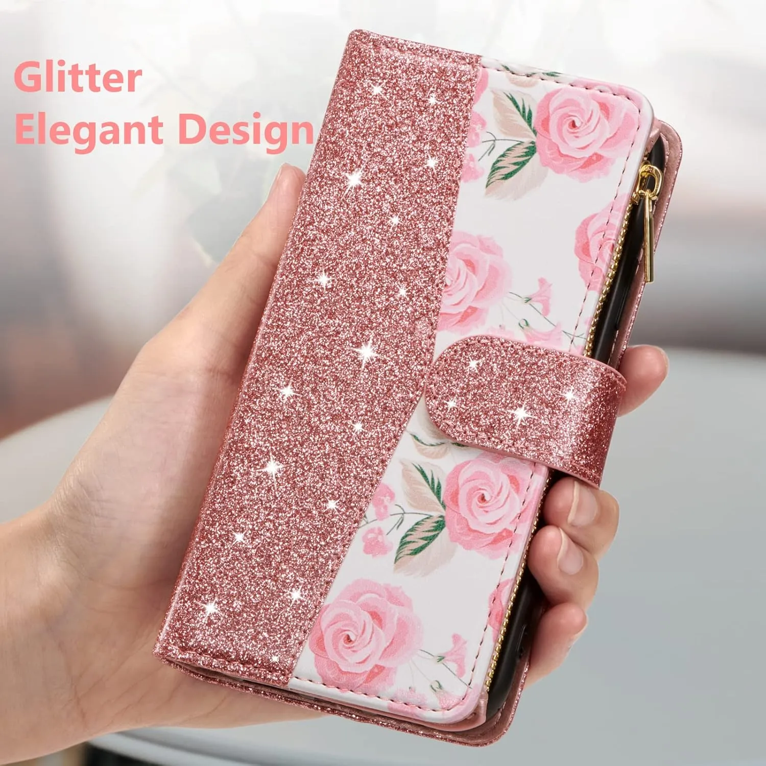 UEEBAI Wallet Case for Samsung Galaxy S24 Plus/S25 Plus 5G, PU Leather Case Magnetic Closure Handbag Zipper Pocket Case Kickstand Card Slots with Hand Strap Rose Flip Case for Women - Bling Rose Gold