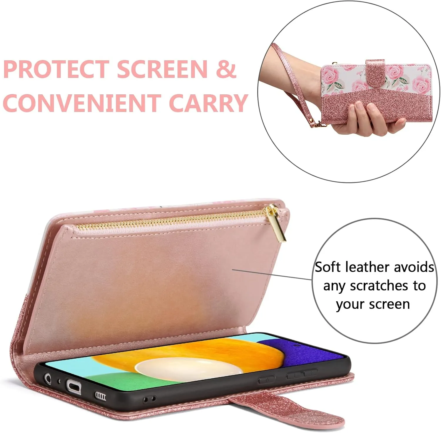 UEEBAI Wallet Case for Samsung Galaxy S24 Plus/S25 Plus 5G, PU Leather Case Magnetic Closure Handbag Zipper Pocket Case Kickstand Card Slots with Hand Strap Rose Flip Case for Women - Bling Rose Gold