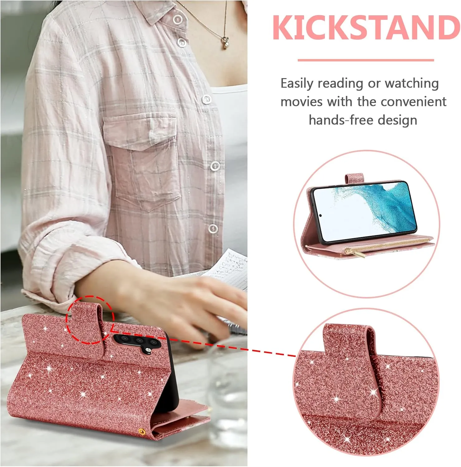 UEEBAI Wallet Case for Samsung Galaxy S24 Plus/S25 Plus 5G, PU Leather Case Magnetic Closure Handbag Zipper Pocket Case Kickstand Card Slots with Hand Strap Rose Flip Case for Women - Bling Rose Gold
