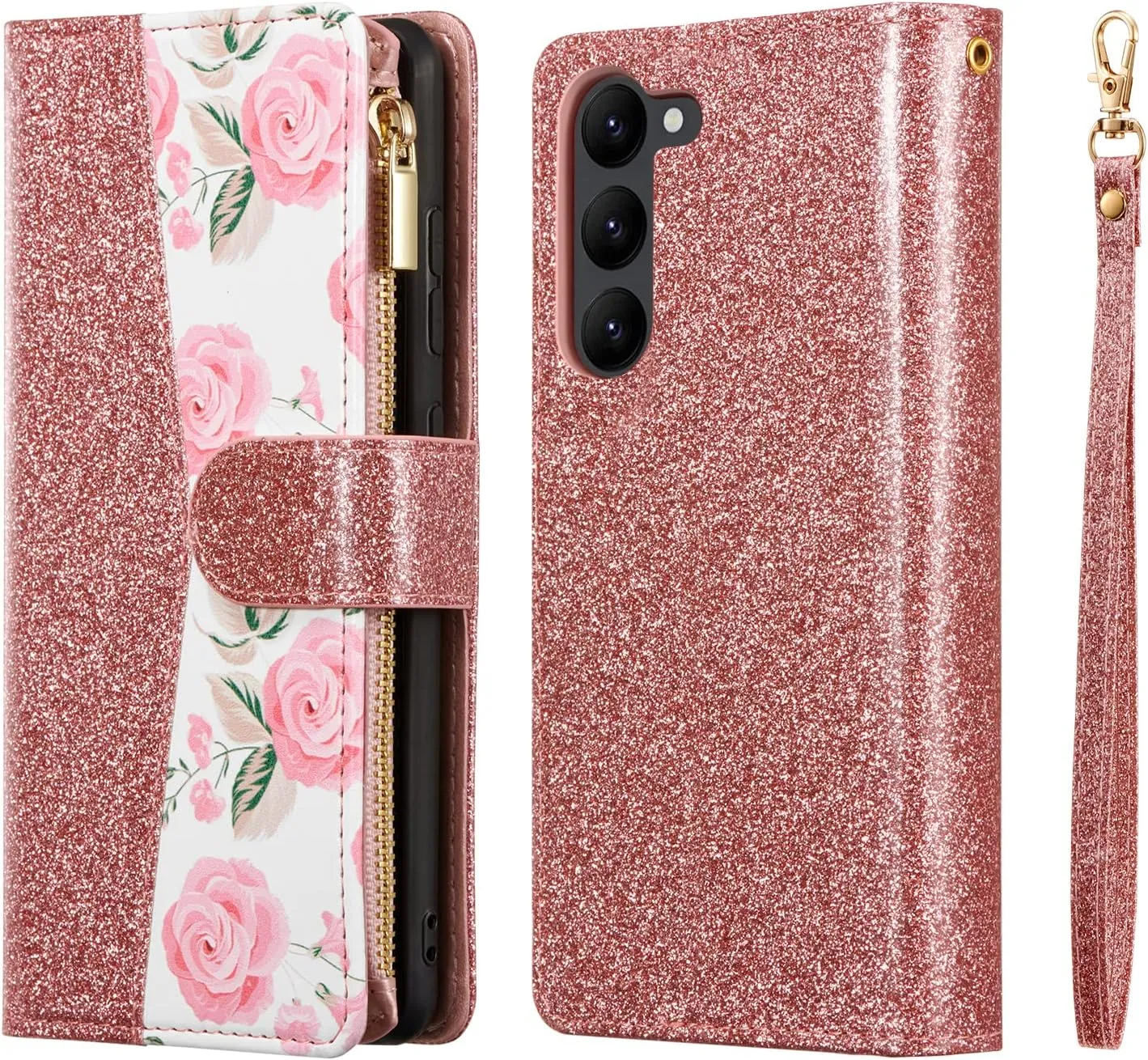 UEEBAI Wallet Case for Samsung Galaxy S24 Plus/S25 Plus 5G, PU Leather Case Magnetic Closure Handbag Zipper Pocket Case Kickstand Card Slots with Hand Strap Rose Flip Case for Women - Bling Rose Gold