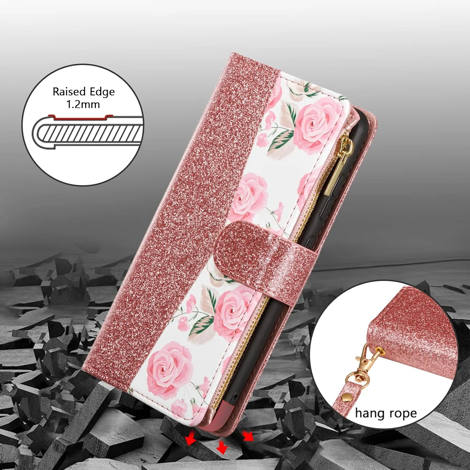 UEEBAI Wallet Case for Samsung Galaxy S24 Plus/S25 Plus 5G, PU Leather Case Magnetic Closure Handbag Zipper Pocket Case Kickstand Card Slots with Hand Strap Rose Flip Case for Women - Bling Rose Gold