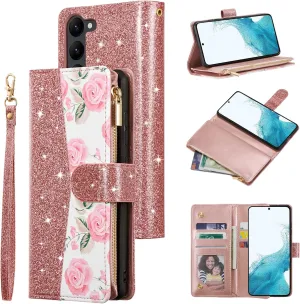 UEEBAI Wallet Case for Samsung Galaxy S24 Plus/S25 Plus 5G, PU Leather Case Magnetic Closure Handbag Zipper Pocket Case Kickstand Card Slots with Hand Strap Rose Flip Case for Women - Bling Rose Gold
