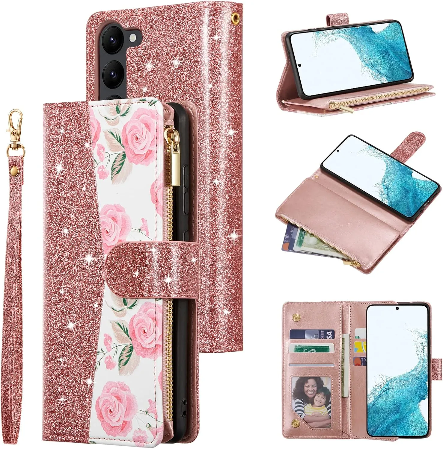 UEEBAI Wallet Case for Samsung Galaxy S24 Plus/S25 Plus 5G, PU Leather Case Magnetic Closure Handbag Zipper Pocket Case Kickstand Card Slots with Hand Strap Rose Flip Case for Women - Bling Rose Gold