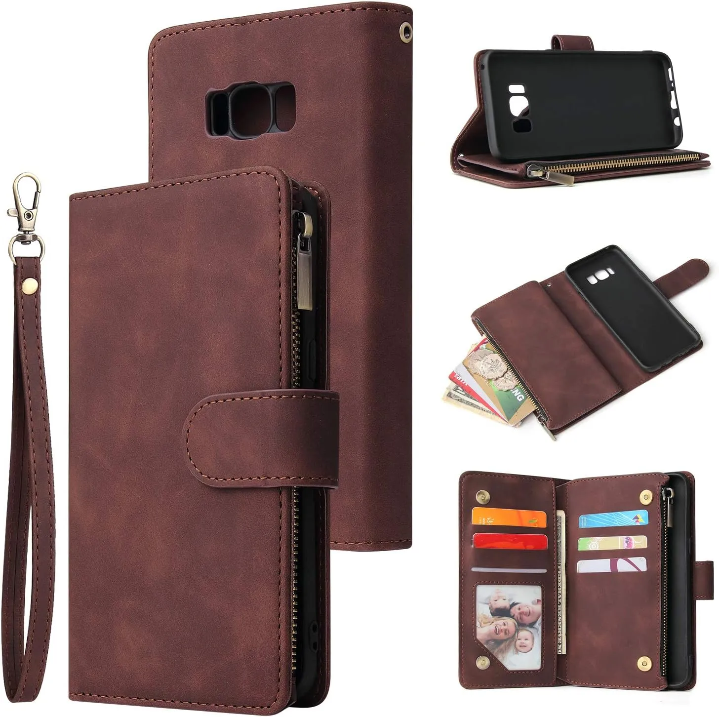 UEEBAI Wallet Case for Samsung Galaxy S8 Plus, PU Leather Case Magnetic Closure Handbag Zipper Pocket Case Kickstand Card Slots with Hand Strap Marple Flip Case for Women - Coffee