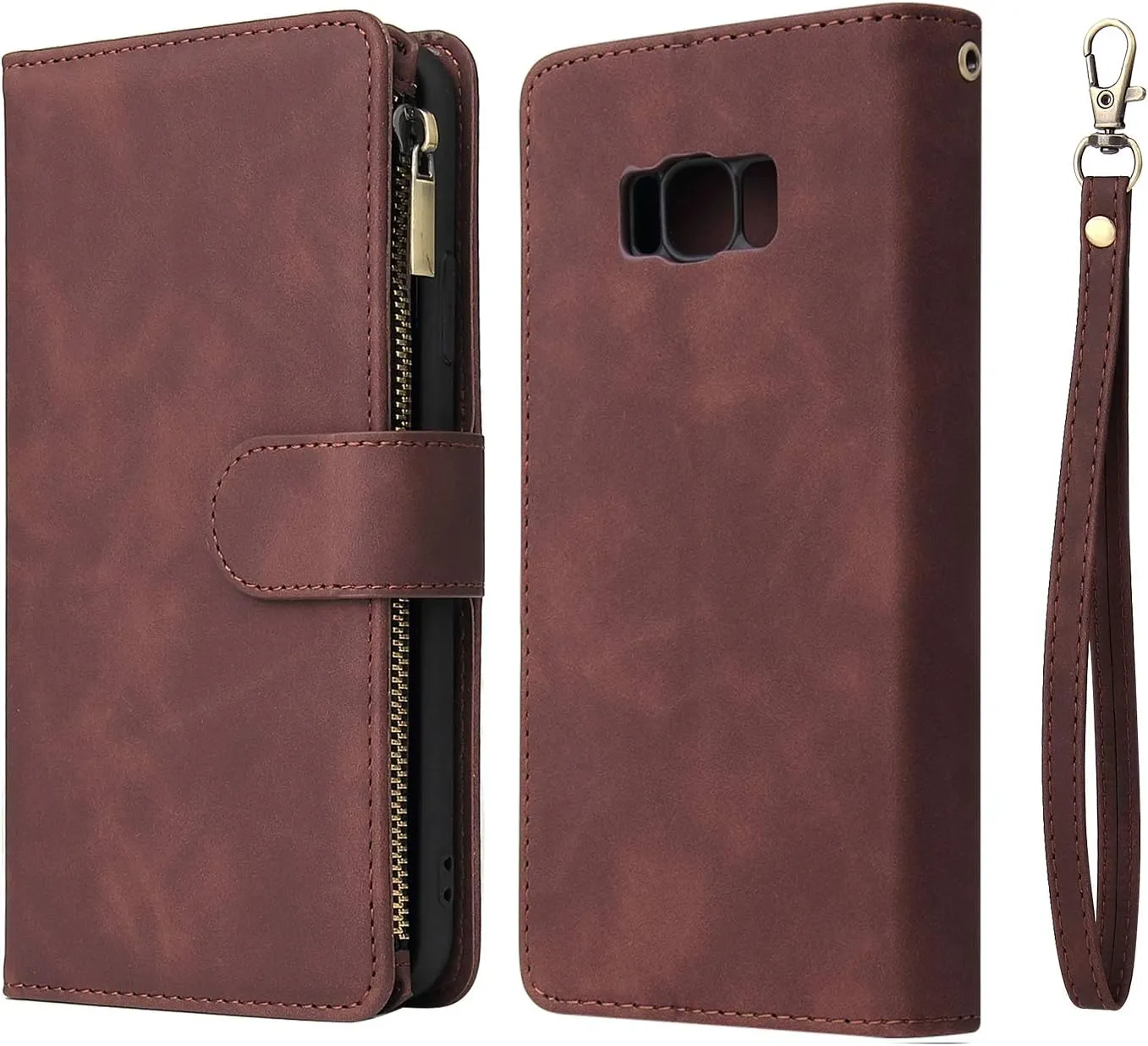 UEEBAI Wallet Case for Samsung Galaxy S8 Plus, PU Leather Case Magnetic Closure Handbag Zipper Pocket Case Kickstand Card Slots with Hand Strap Marple Flip Case for Women - Coffee