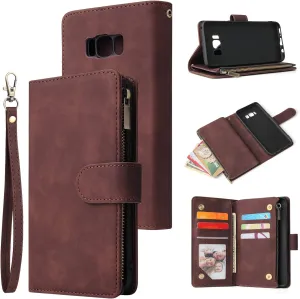 UEEBAI Wallet Case for Samsung Galaxy S8 Plus, PU Leather Case Magnetic Closure Handbag Zipper Pocket Case Kickstand Card Slots with Hand Strap Marple Flip Case for Women - Coffee