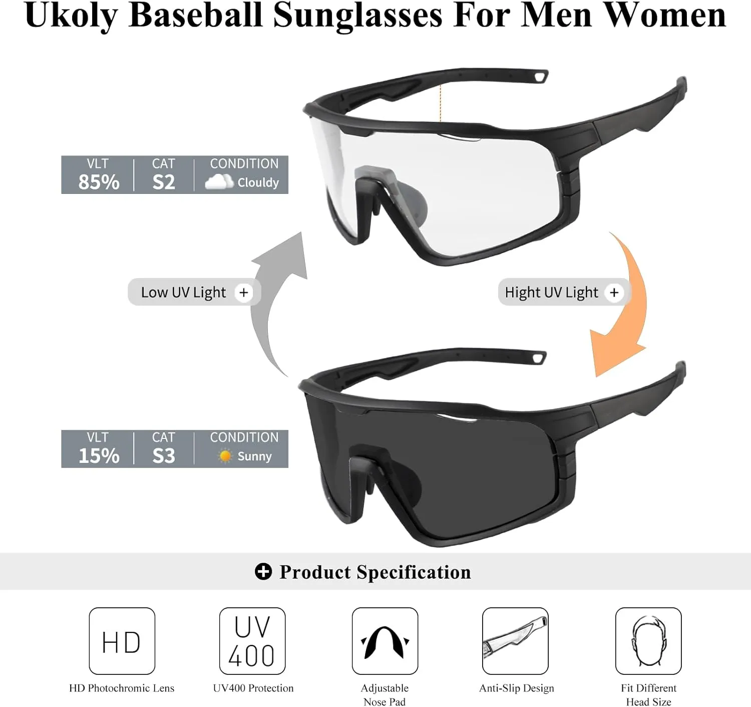 Ukoly Photochromic Cycling Glasses For Men Women, Sports Sunglasses For Baseball Running Cycling HD Lens UV400 Protection 628