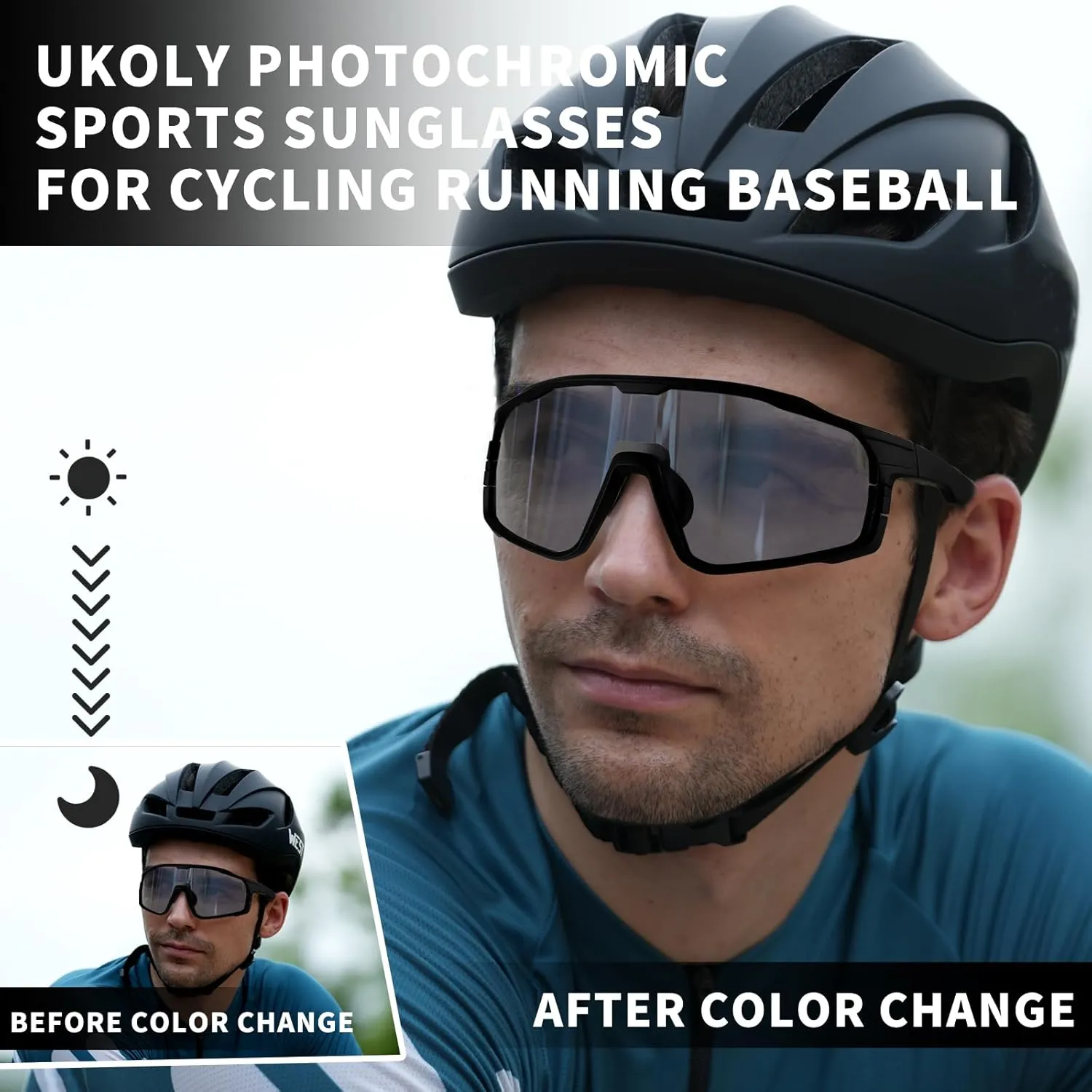 Ukoly Photochromic Cycling Glasses For Men Women, Sports Sunglasses For Baseball Running Cycling HD Lens UV400 Protection 628
