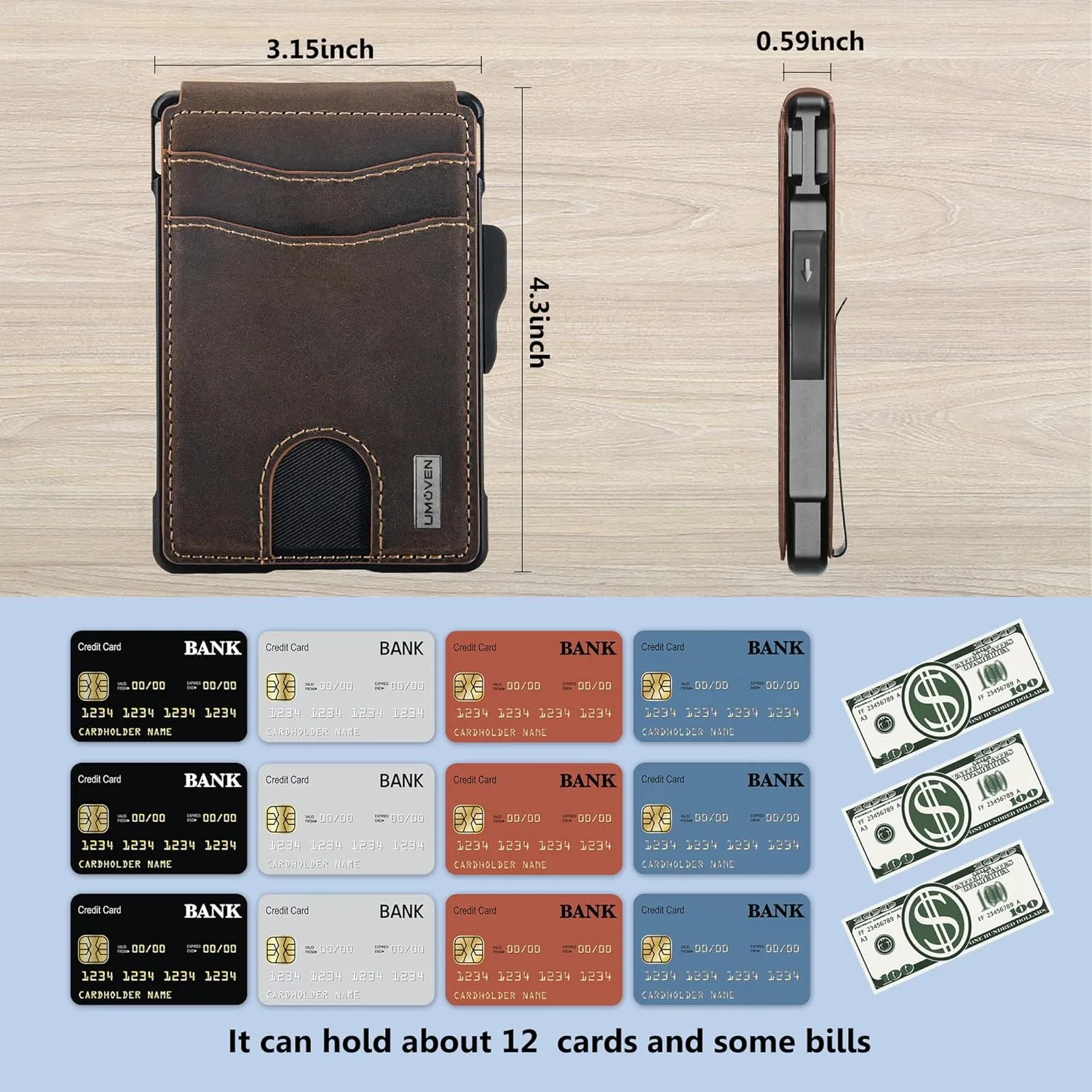 umoven Wallet for Men - with Money Clip Slim Leather Slots Credit Card Holder RFID Blocking Bifold Minimalist Wallet (Crazy Horse-Coffee Brown)