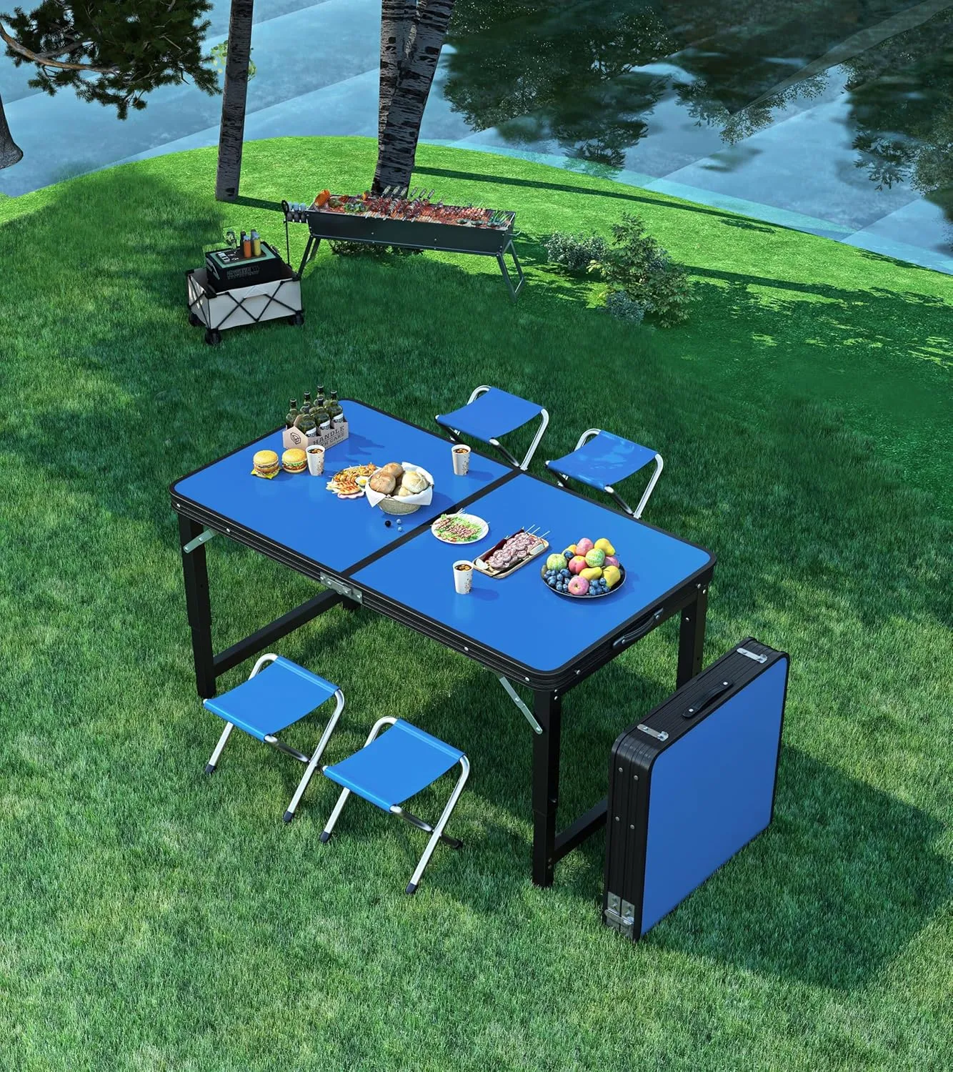 UNICOO® 4ft Portable and Foldable Indoor Outdoor Camping Table with 4 Chairs Set, Adjustable Height Dining Table, Multifunctional Folding Utility Camp Table for Camping and Parties (Royal Blue)