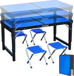 UNICOO® 4ft Portable and Foldable Indoor Outdoor Camping Table with 4 Chairs Set, Adjustable Height Dining Table, Multifunctional Folding Utility Camp Table for Camping and Parties (Royal Blue)