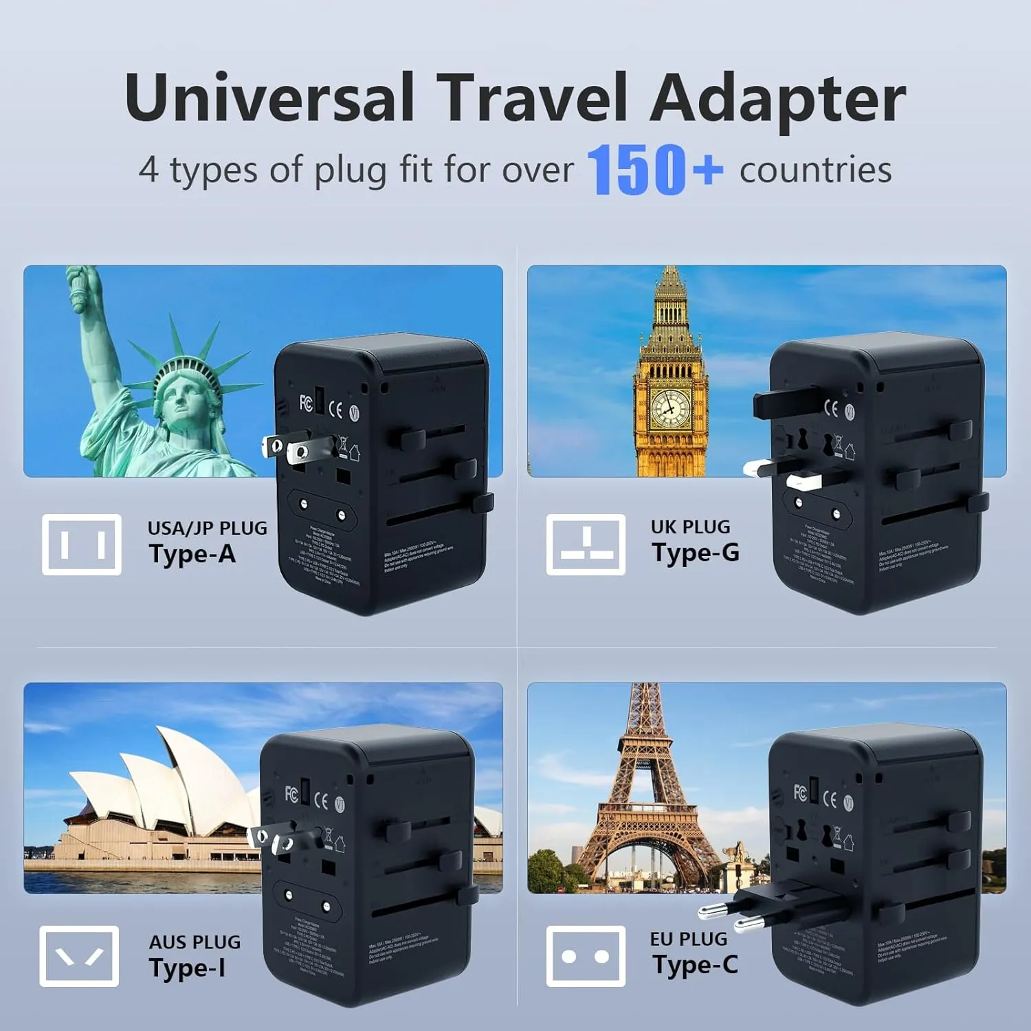 Universal Travel Adapter with MicroSD Card Case TF Card Holder Storage International Plug Adapter with 6 in 1 Adapter Fast Charging Adapter Wall Charger for Europe UK EU AUS/US and JP