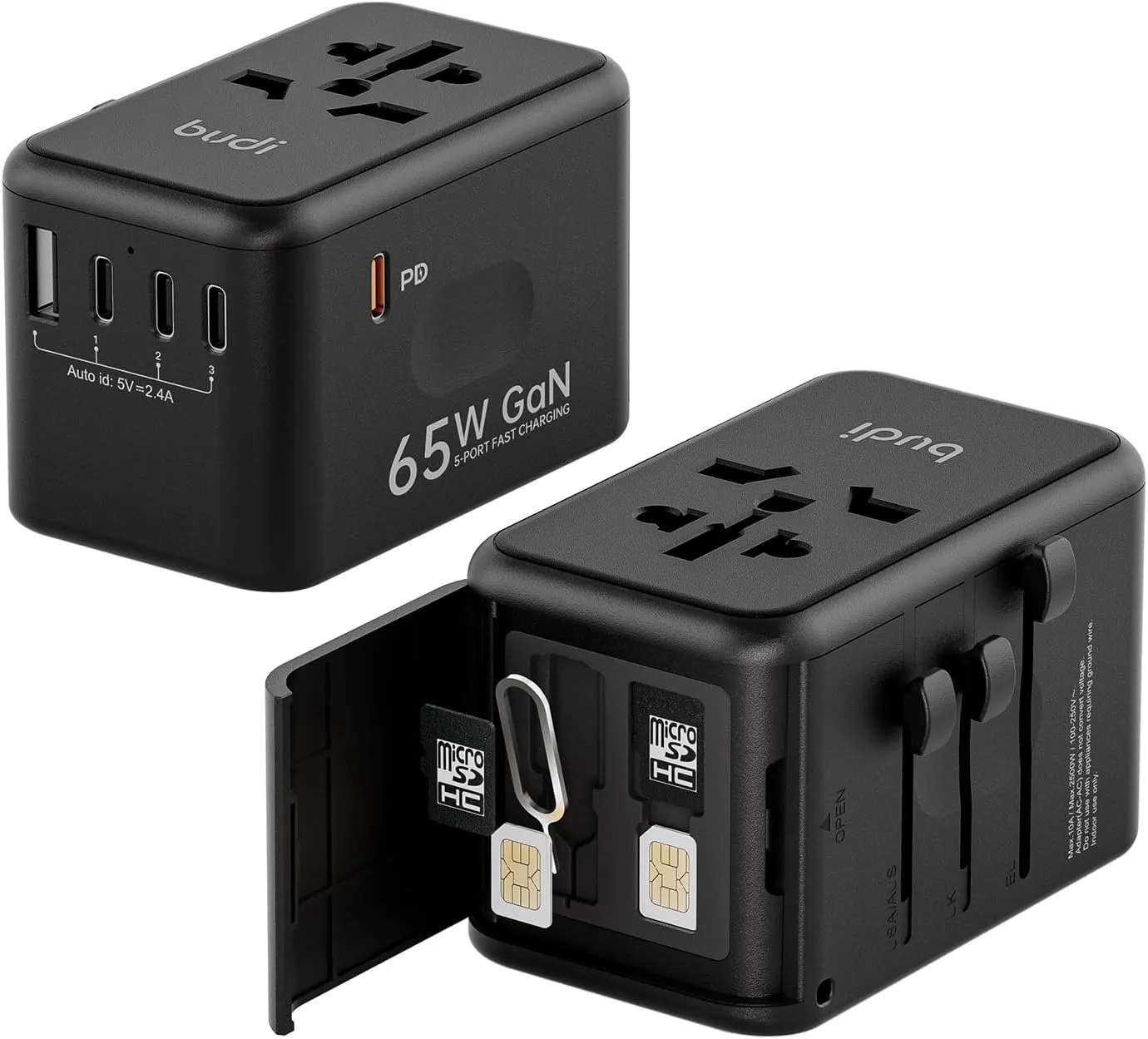 Universal Travel Adapter with MicroSD Card Case TF Card Holder Storage International Plug Adapter with 6 in 1 Adapter Fast Charging Adapter Wall Charger for Europe UK EU AUS/US and JP