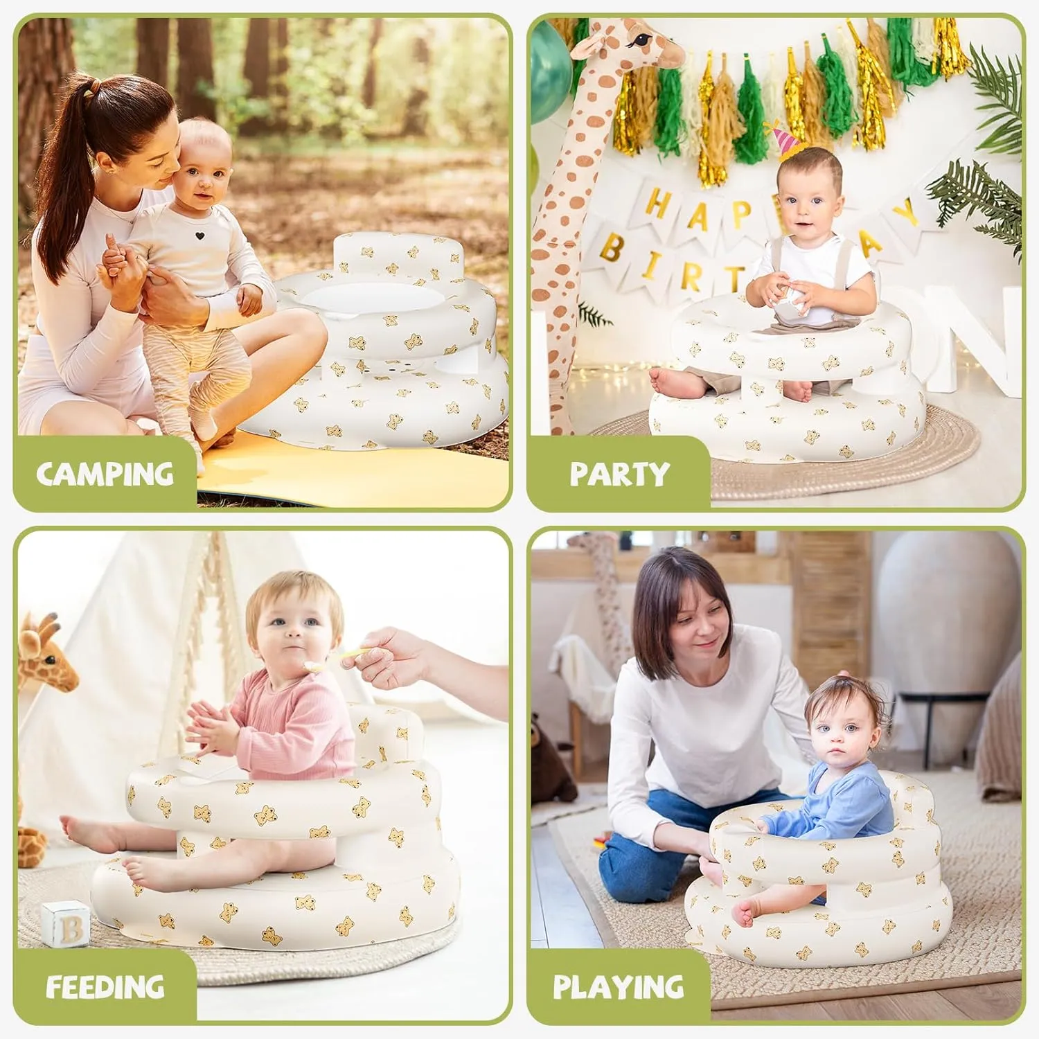 Upgrade Inflatable Baby Seat with Guardrails for Babies 3-36 Months, Built in Air Pump Bumbo Seat, Blow Up Baby Chair Sit Me up Floor Seat for Baby - Bear Rail