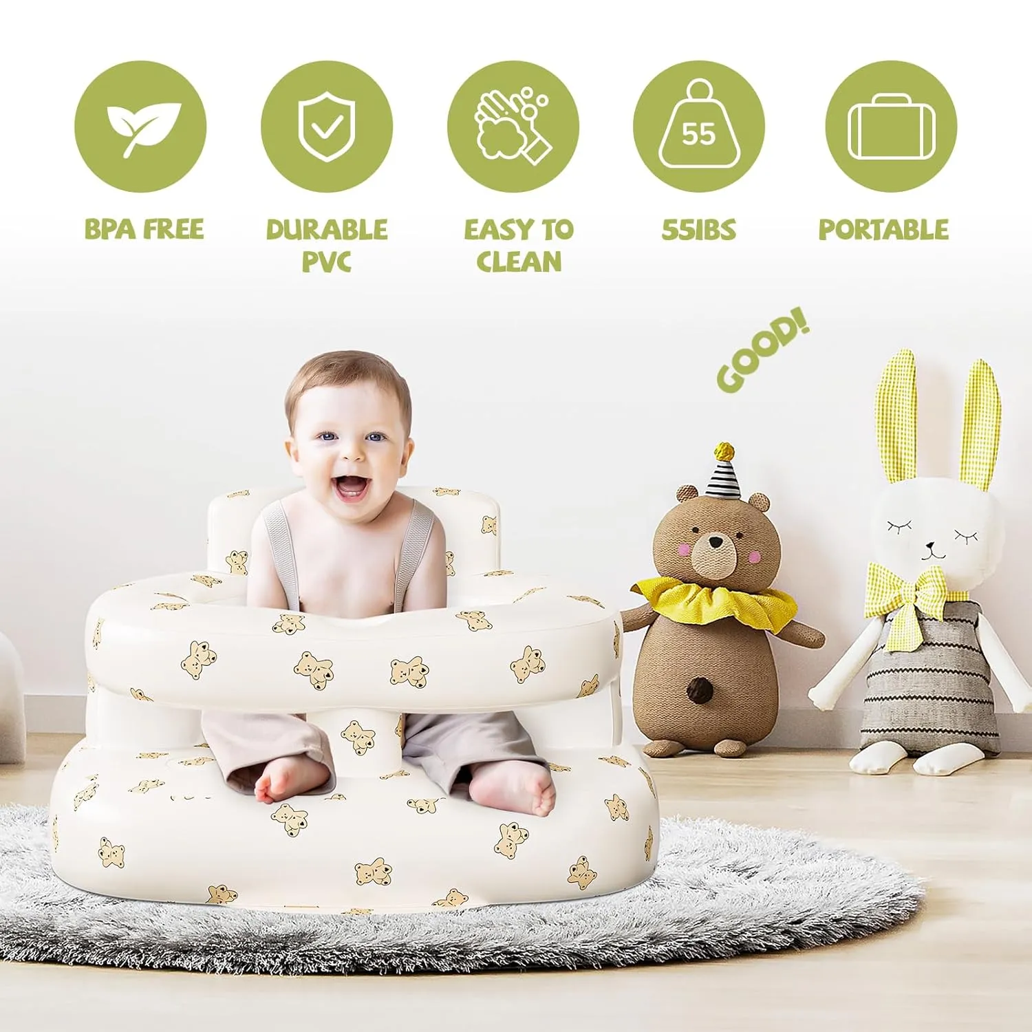 Upgrade Inflatable Baby Seat with Guardrails for Babies 3-36 Months, Built in Air Pump Bumbo Seat, Blow Up Baby Chair Sit Me up Floor Seat for Baby - Bear Rail