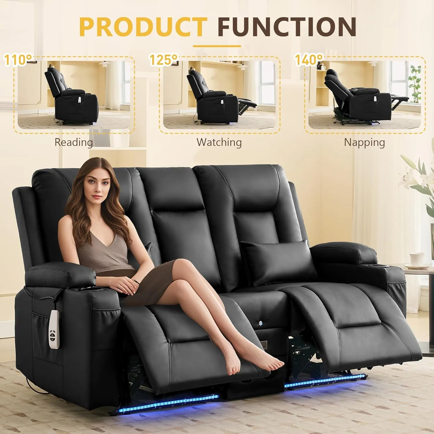 URRED Power Loveseat Recliner Sofa with Flipped Backrest Console, Wall Hugger RV Reclining Loveseat Sofa Couch with LED Light/Bluetooth Speakers/USB/Outlets/Cup Holders/Pillow/Side Pocket, Black