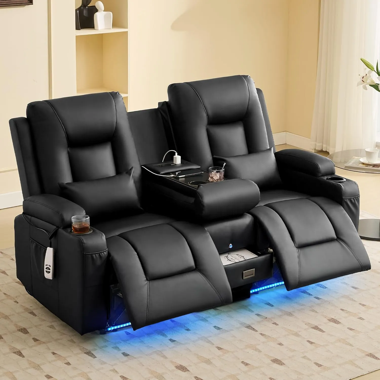 URRED Power Loveseat Recliner Sofa with Flipped Backrest Console, Wall Hugger RV Reclining Loveseat Sofa Couch with LED Light/Bluetooth Speakers/USB/Outlets/Cup Holders/Pillow/Side Pocket, Black