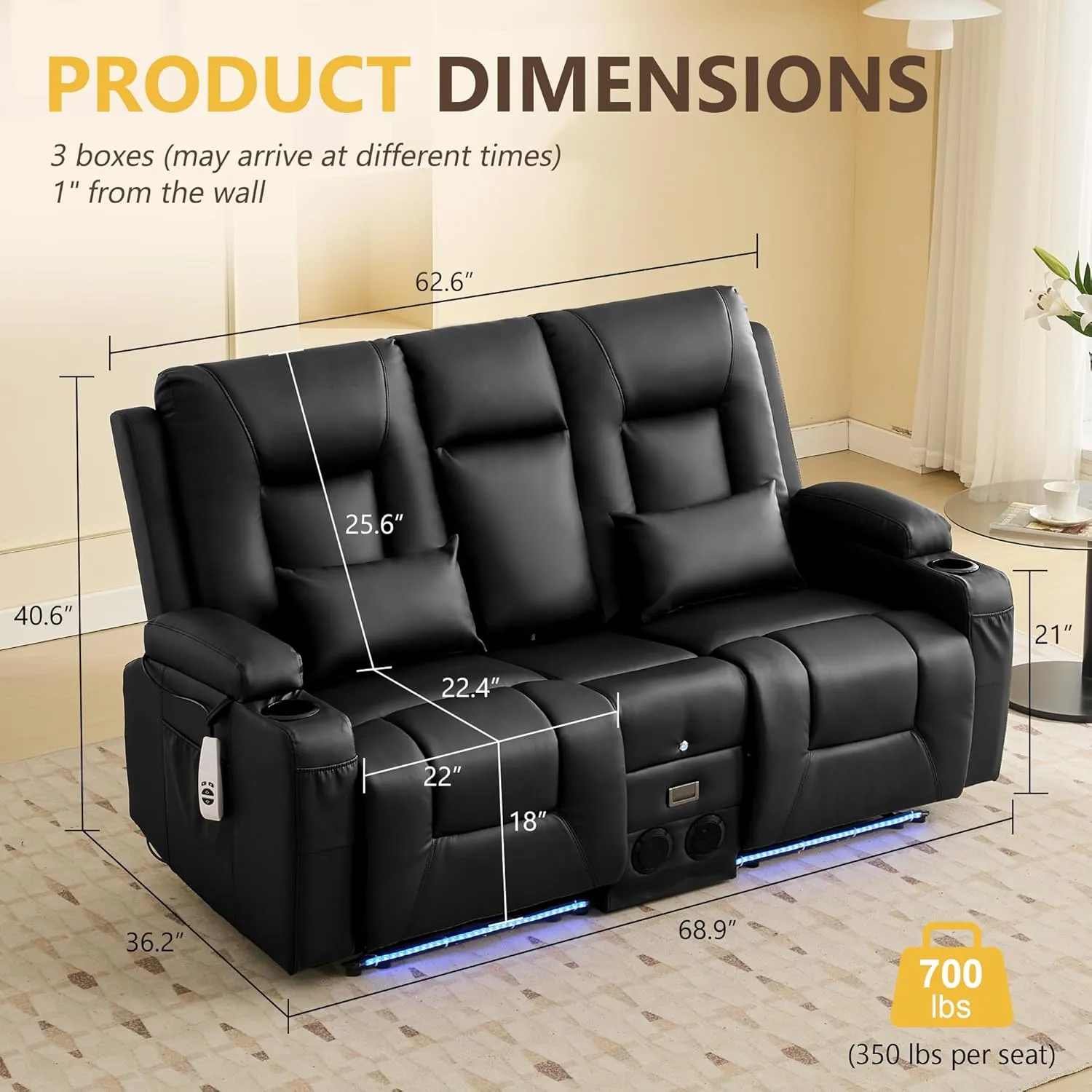 URRED Power Loveseat Recliner Sofa with Flipped Backrest Console, Wall Hugger RV Reclining Loveseat Sofa Couch with LED Light/Bluetooth Speakers/USB/Outlets/Cup Holders/Pillow/Side Pocket, Black