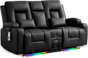 URRED Power Loveseat Recliner Sofa with Flipped Backrest Console, Wall Hugger RV Reclining Loveseat Sofa Couch with LED Light/Bluetooth Speakers/USB/Outlets/Cup Holders/Pillow/Side Pocket, Black