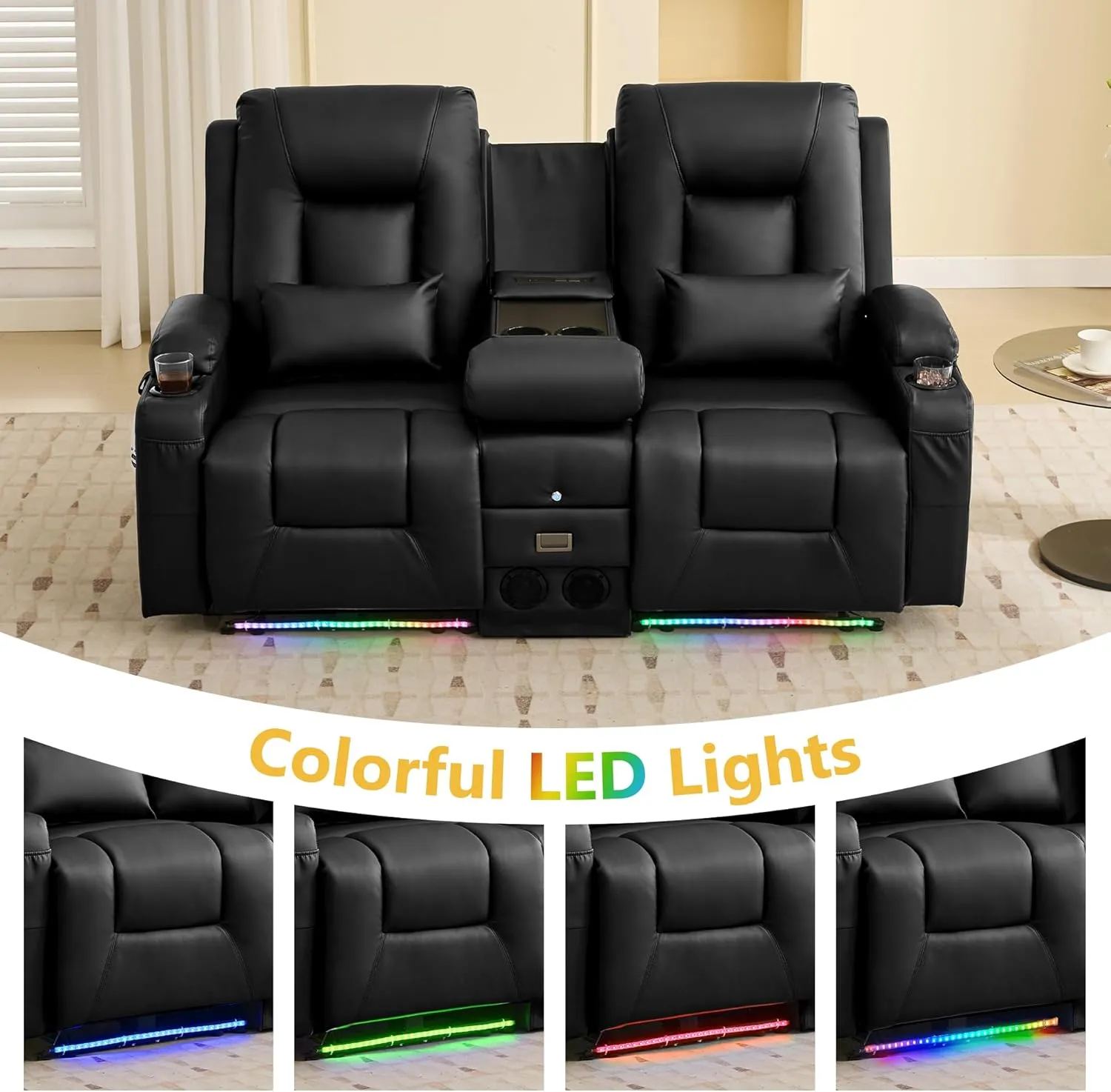 URRED Power Loveseat Recliner Sofa with Flipped Backrest Console, Wall Hugger RV Reclining Loveseat Sofa Couch with LED Light/Bluetooth Speakers/USB/Outlets/Cup Holders/Pillow/Side Pocket, Black