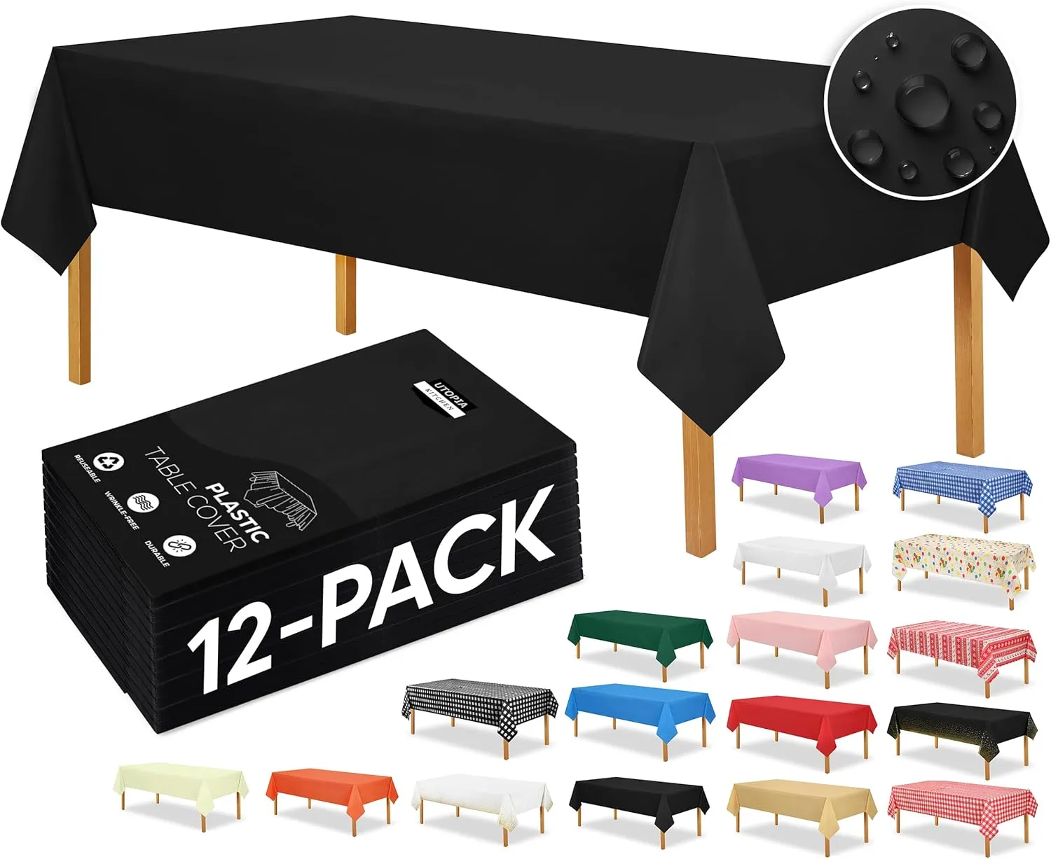 Utopia Kitchen Plastic Table Cloth Disposable (12 Pack - 54x108 Inch) Black Rectangle Tablecloth Waterproof Stain Resistant Party Table Cover